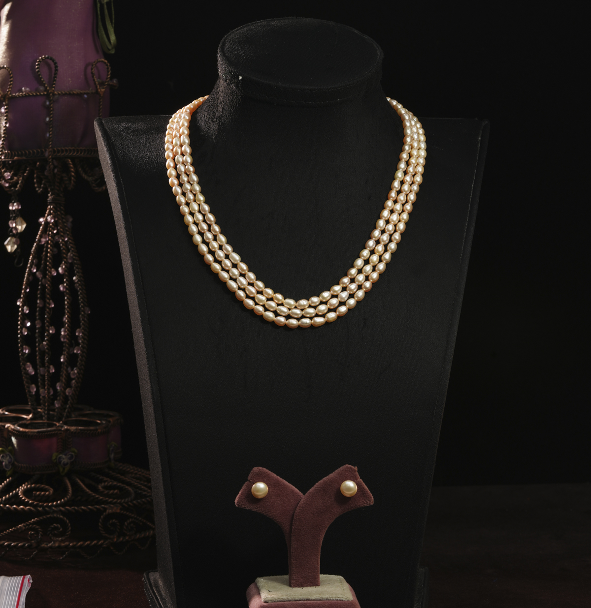 Elegant 3 line Real Pearls Necklace Set MN9300 » Buy online from