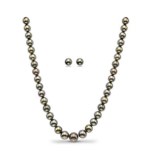 11.0-14.5mm Black Tahitian Saltwater Pearl Necklace Set- AAA Quality