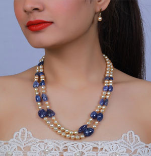Real Tanzanite Beads and Golden Saltwater Akoya Pearls Necklace Set