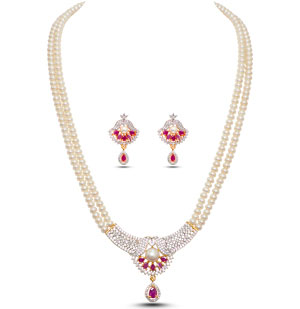 Adorable Red Stone Pearl Necklace Set