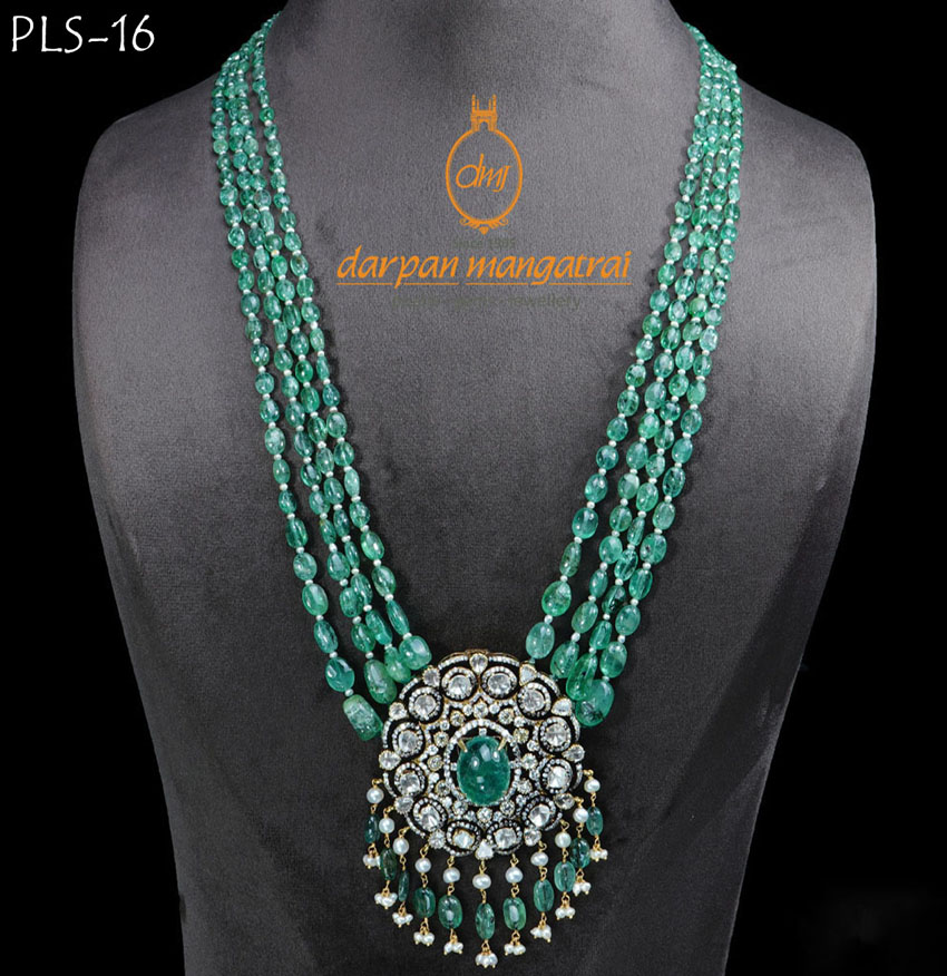 Exotic Emerald, Polki and Pearl Gold Necklace