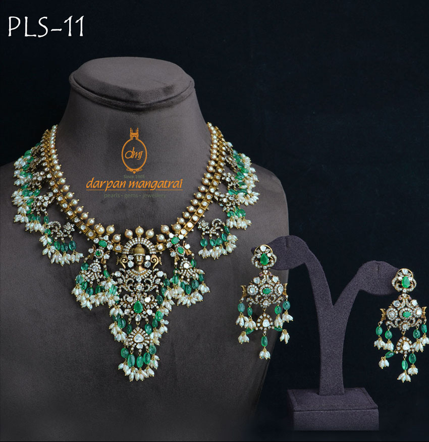 Divine Balaji Polki, Emerald and Pearl Gold Necklace Earring Set