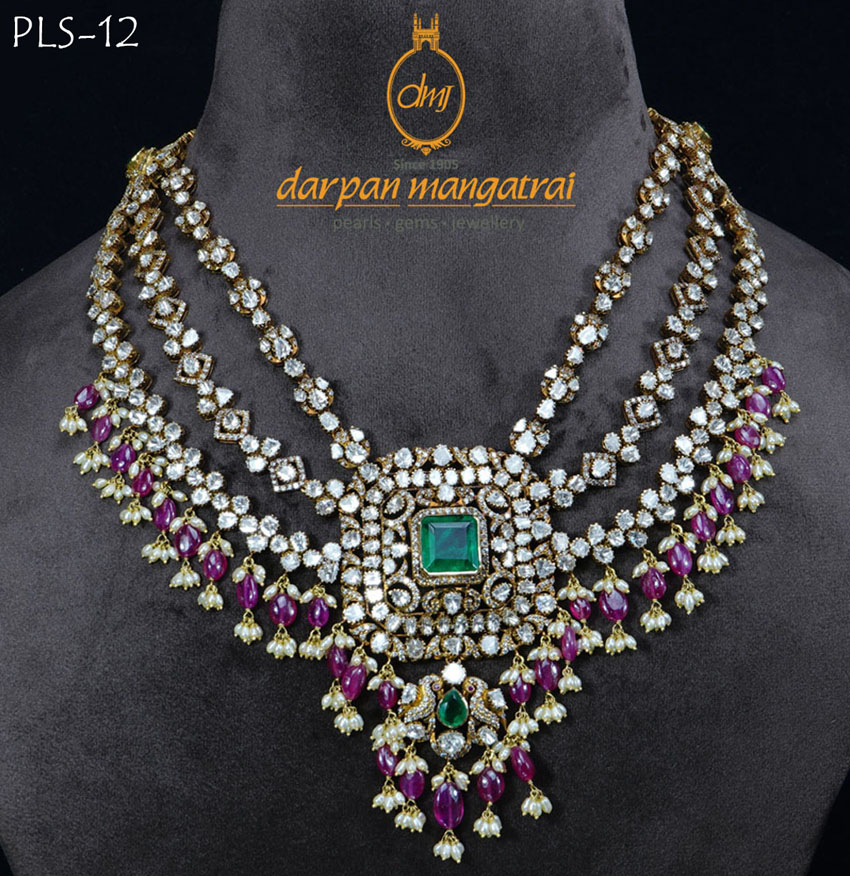 Majestic Three Layered Polki, Ruby and Pearl Gold Necklace