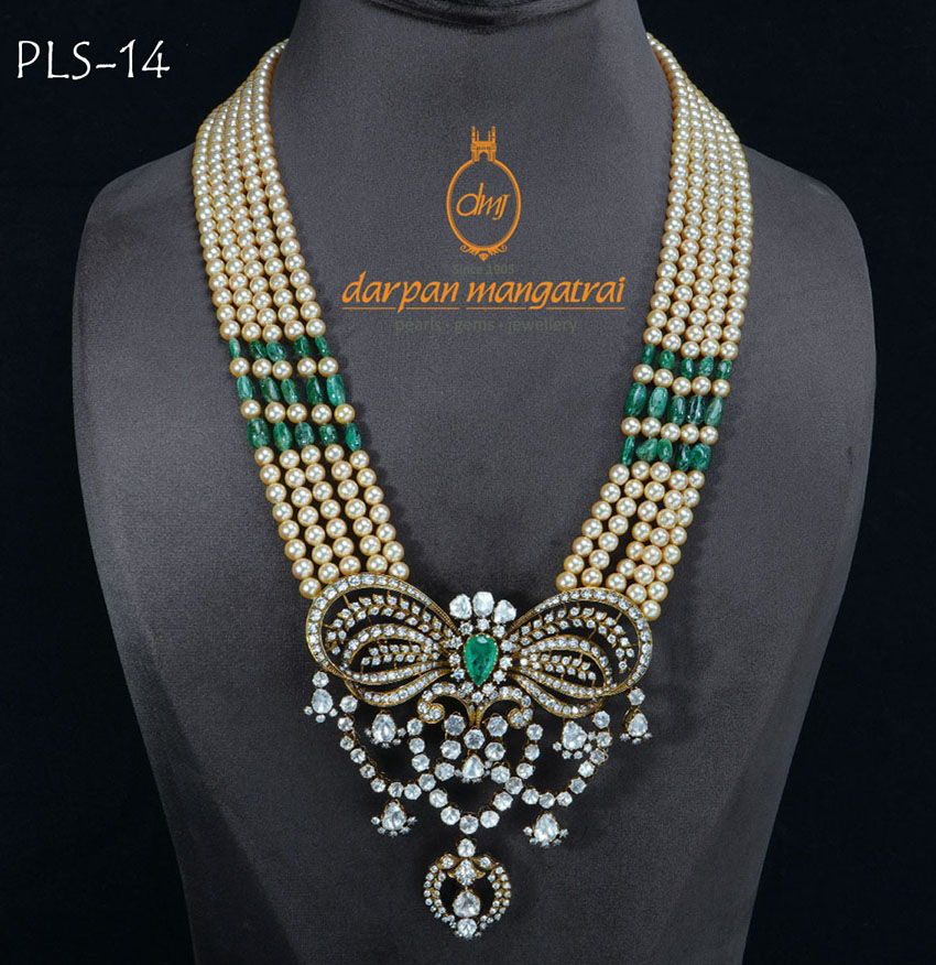 Chandelier Inspired Polki, Pearls and Emerald Gold Necklace