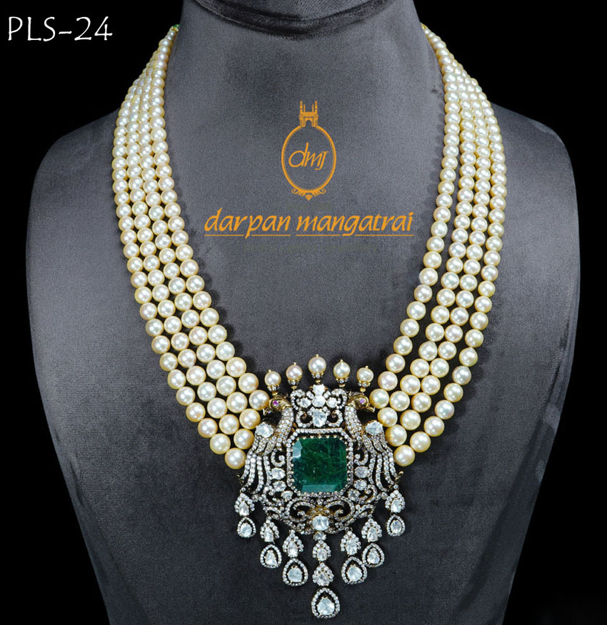 Designer Polki, Pearl and Emerald Gold Necklace
