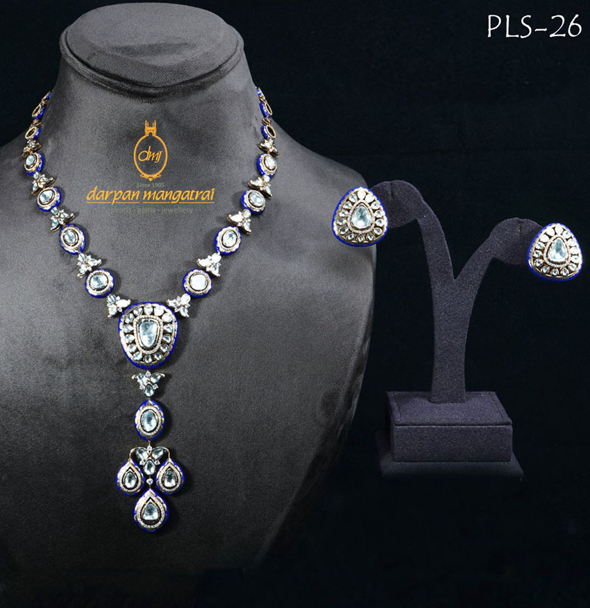 Midnight Blue Enamelled Polki  Gold Necklace and Earring Set