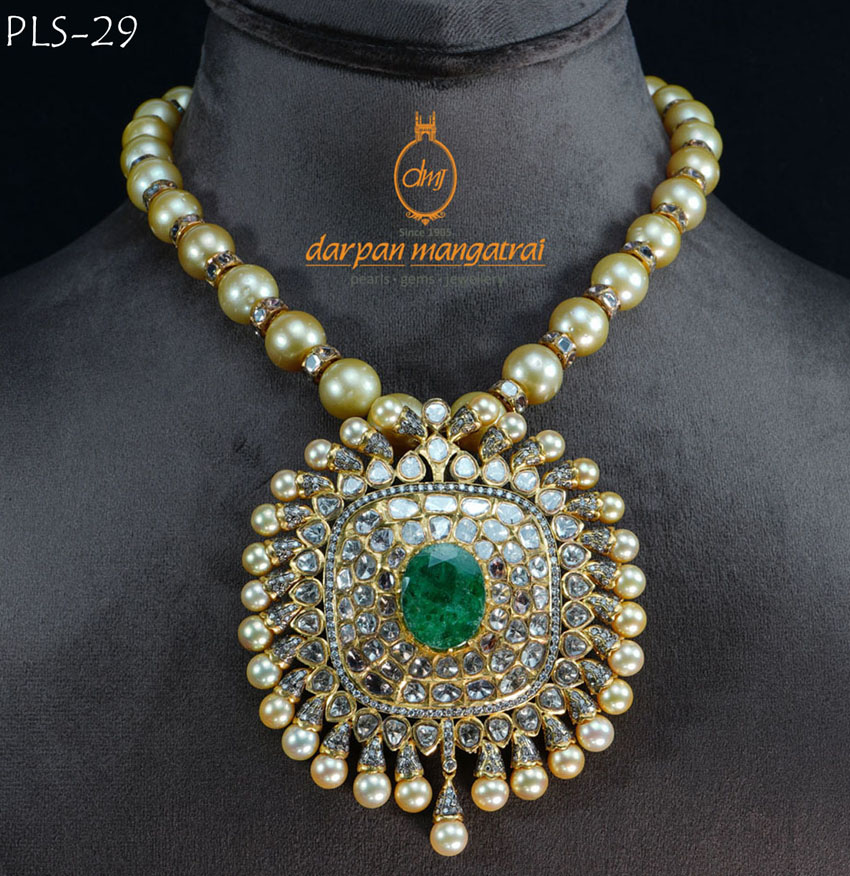 Luxurious Polki,Emerald and Pearl Gold Necklace