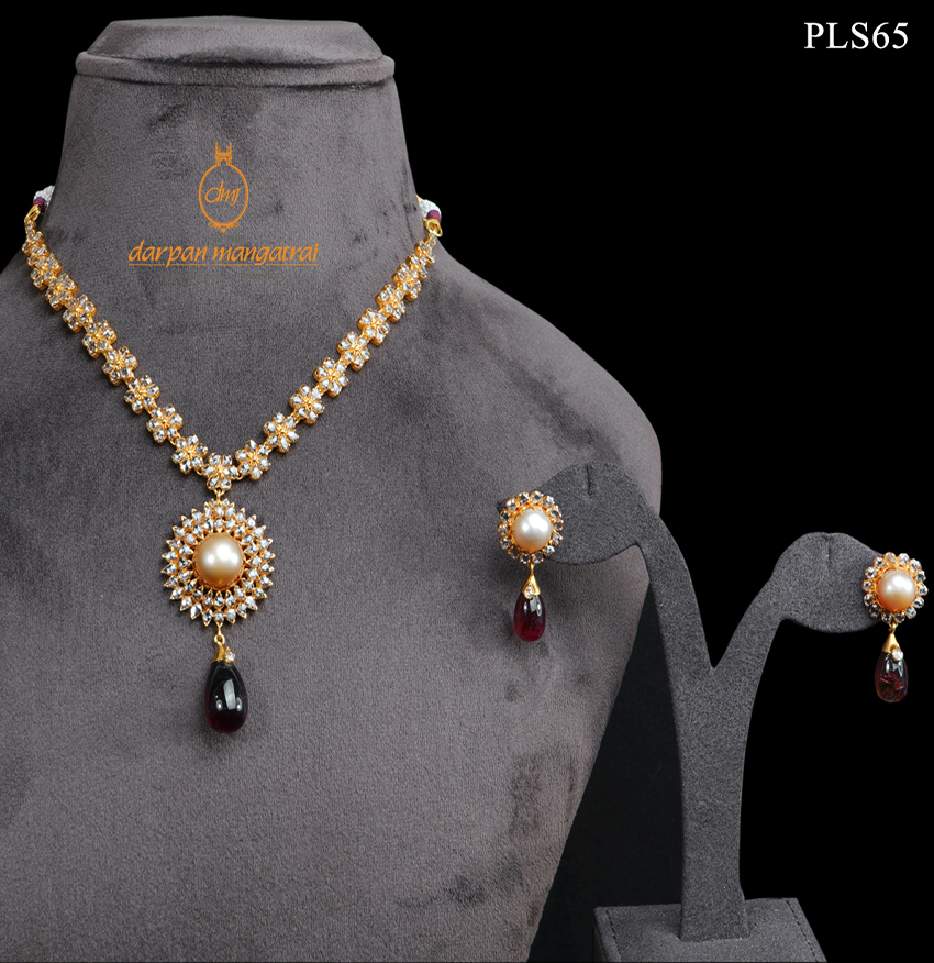 Sun Inspired Polki, Pearl and Tourmaline Gold Necklace and Earring Set