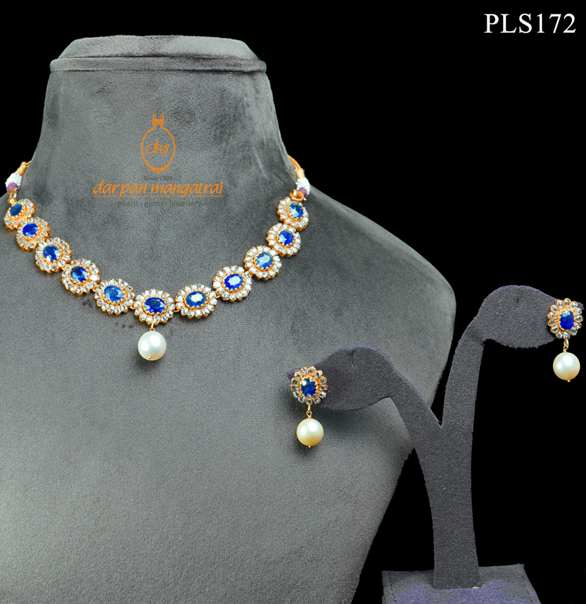 Velvety Sapphire, Polki and Pearl Gold, Necklace and Earring Set