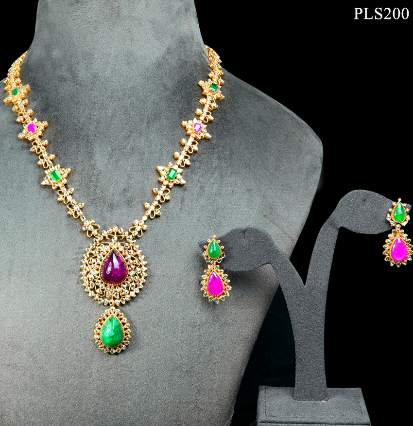 Pear Shaped Polki, Emerald, Ruby and Tourmaline Gold Necklace and Earring Set