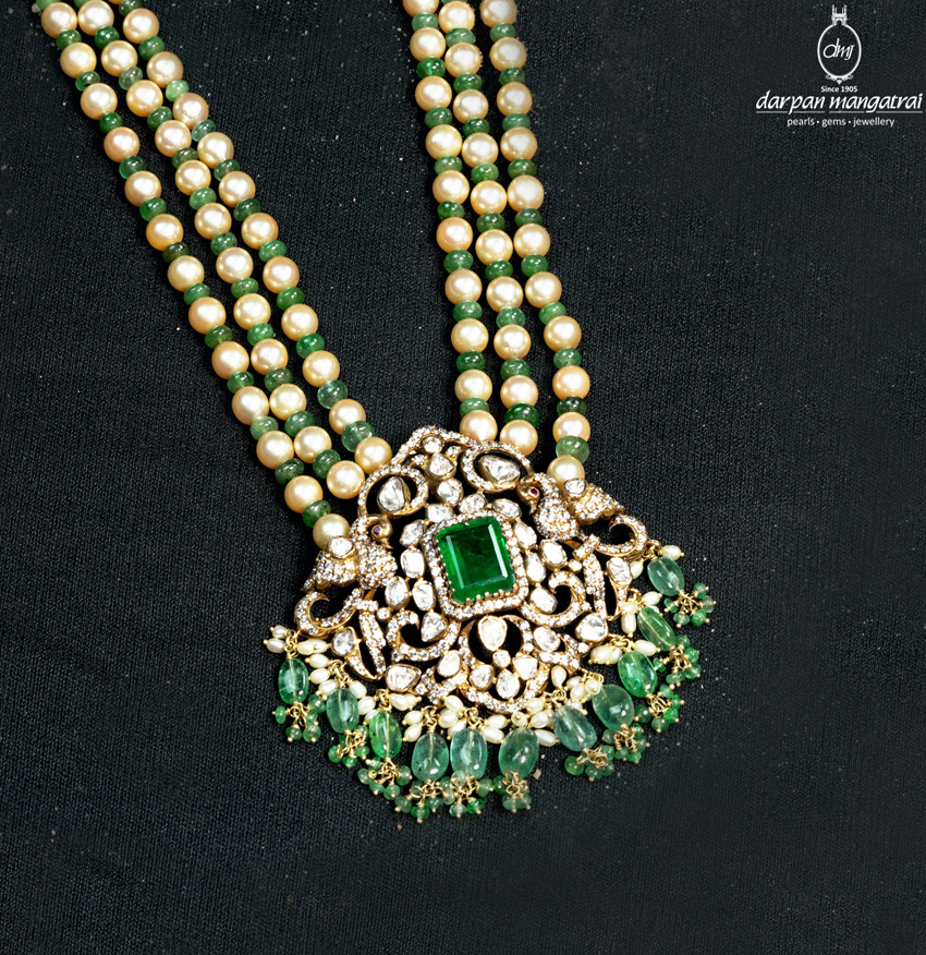 Enchanting Emerald Polki Pearl Gold Necklace