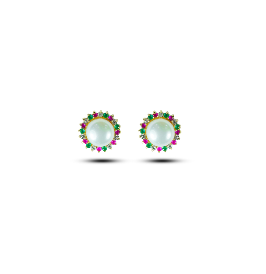 Simple Red and Green Stone Pearl Stud Earrings