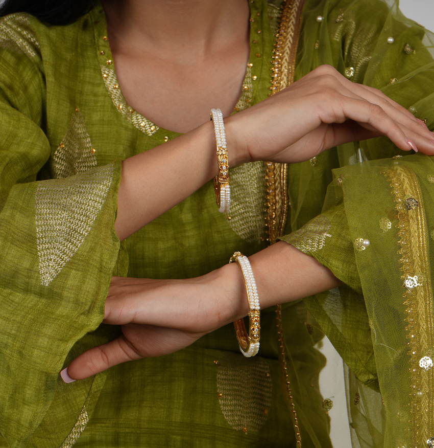 White Seed Pearl two line Stone Bangles