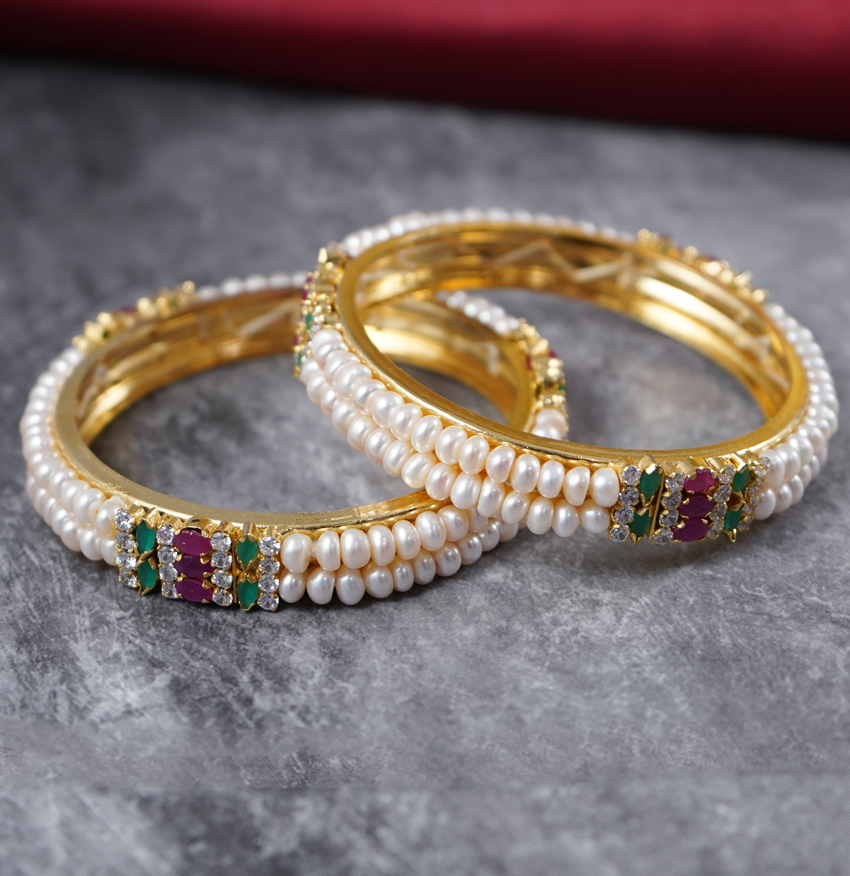 White Pearl two line Red And Green Stone Bangle