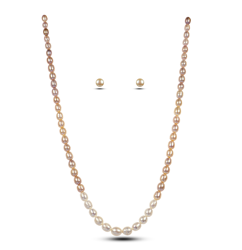 White Pink Peach Oval Pearl Necklace Set