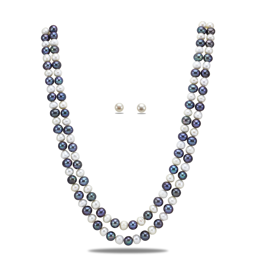 White Bluish  Round Pearl Necklace Set