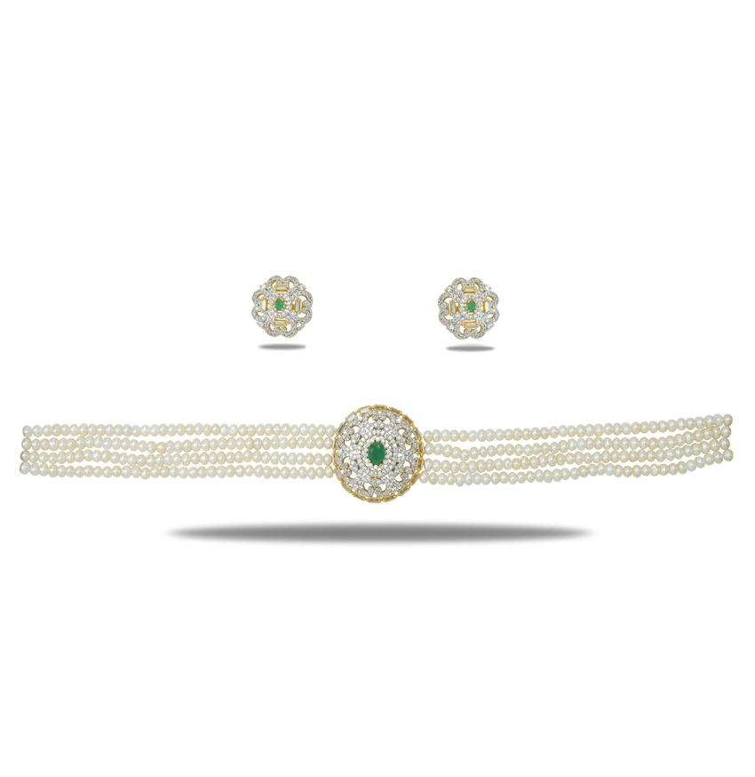 Attractive CZ And Green Stone Pearls Chowker Set