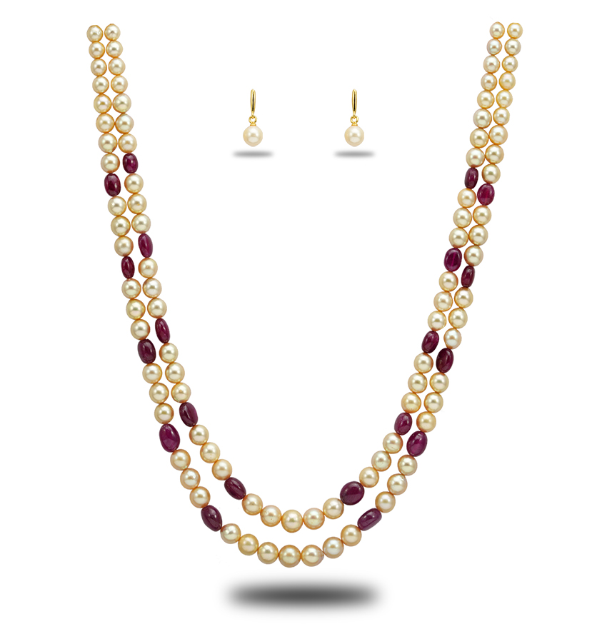 Real Ruby Beads andGolden Saltwater Akoya Pearls Necklace Set