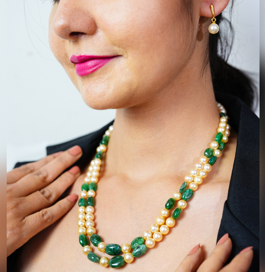 Real Emerald Beads and Golden Saltwater Akoya Pearls Necklace Set