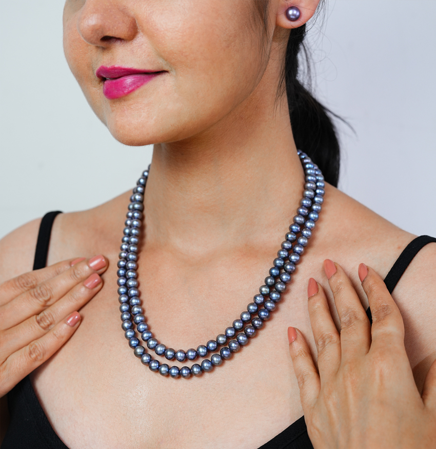 Bluish Black Pearl Necklace Set